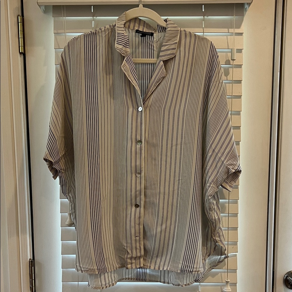 Eileen Fisher Black and White Striped Relaxed Button-Up Blouse